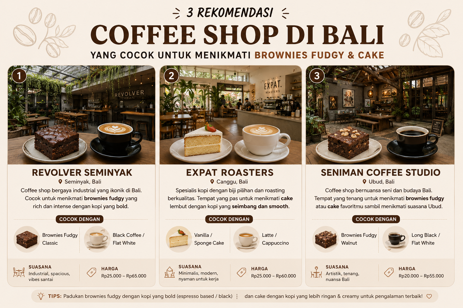 Biar Gak Seret, Ini 3 Rekomendasi Coffe Shop di Bali dengan Minuman yang Cocok Banget di nikmati Bareng Brownies Fudgy&cake